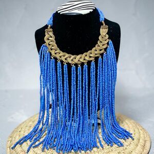 Handmade Kenyan Maasai Fringe Necklace Blue Bead Brass Bronze Bib Statement NEW